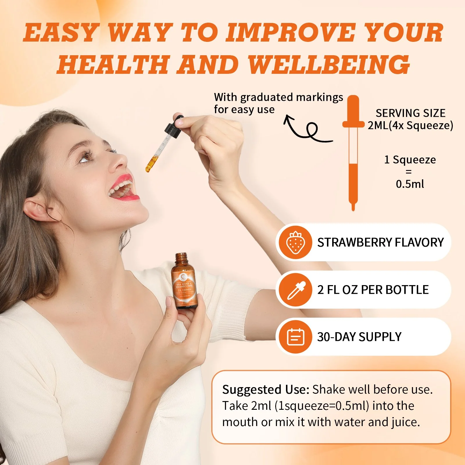 Sea Moss & Mushrooms Liquid Drops, Lions Mane Supplement with Irish Sea Moss & Cordyceps etc, Support for Memory, Focus & Clarify, Immune and Digestive Health, Non-GMO, Strawberry Flavor, 2 FL OZ