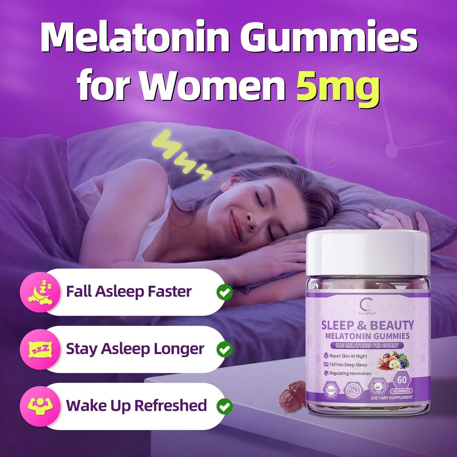 Women's Melatonin 5Mg Gummies with Ashwagandha, L-Theanine & Valerian Root | Natural Sleep Aid, Time Release Formula | Mixed Berry Flavor, Non-GMO, Gluten-Free, Melatonin Gummies 60-Day Supply