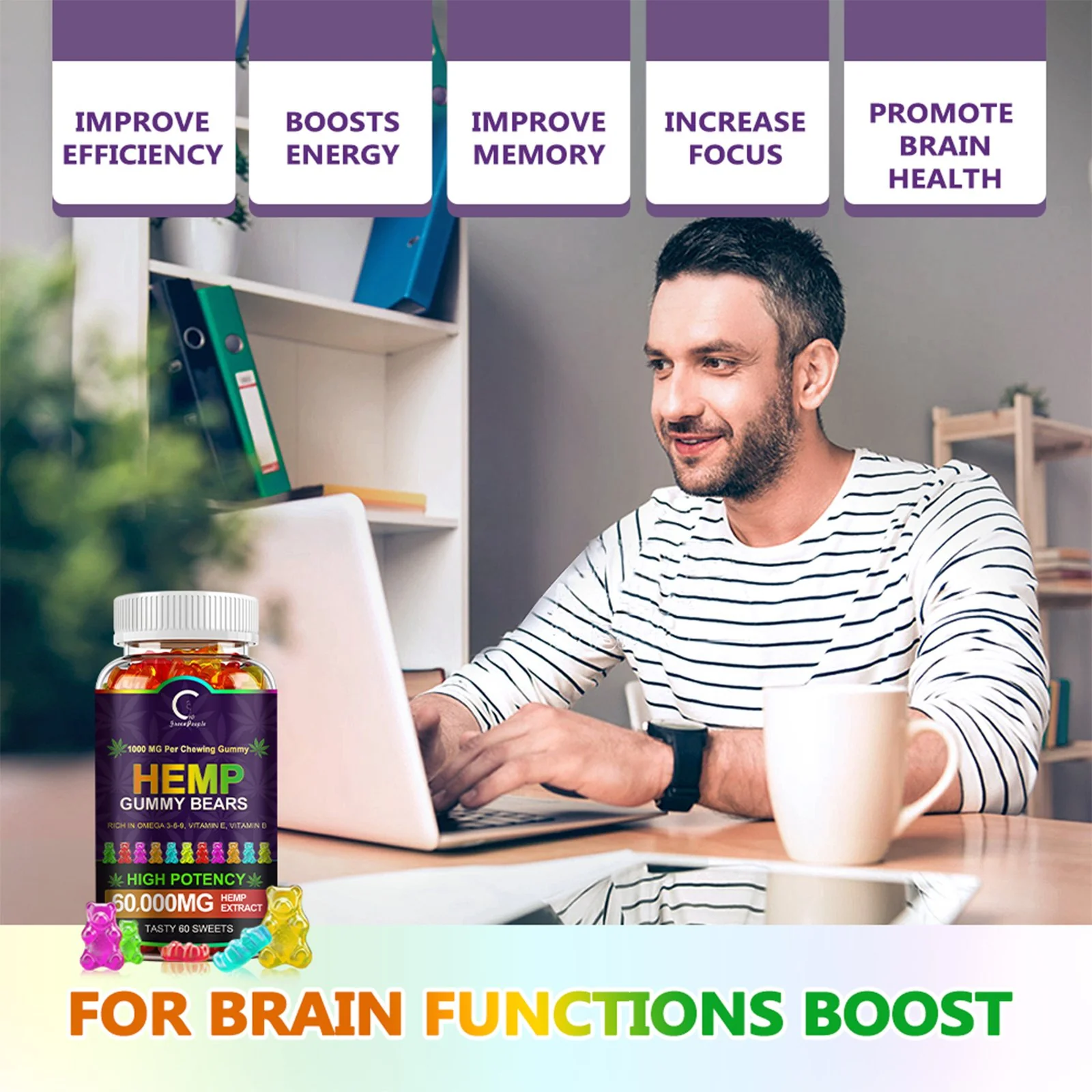 GPGP GreenPeople (3 Pack) Hemp Gummies 60,000mg Extra Strength, 100% Natural Hemp Oil Infused Bear Gummy, Promotes Focus Calm, Sleep and Calm Mood