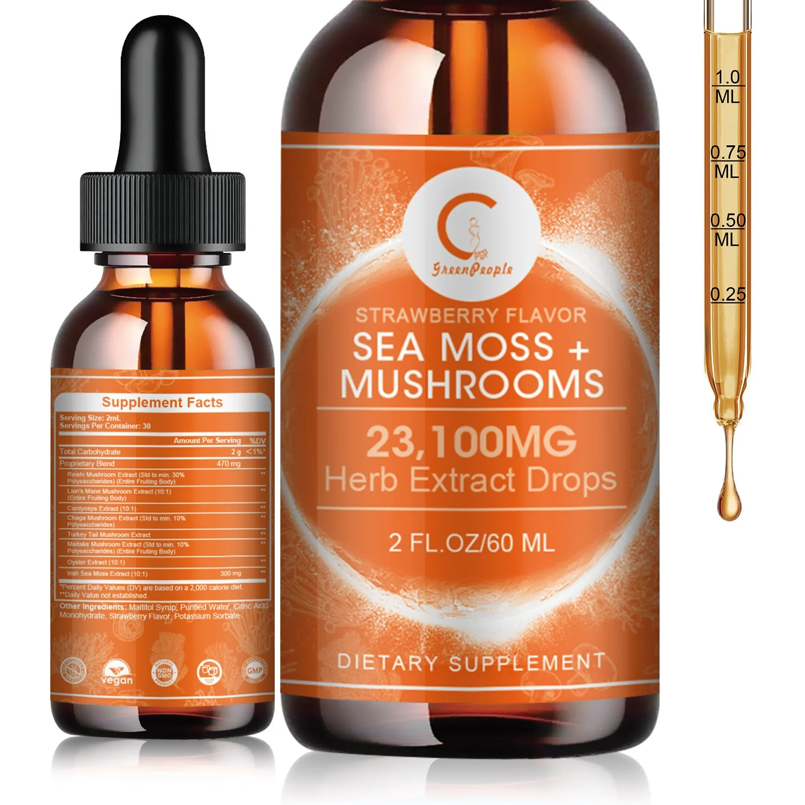 Sea Moss & Mushrooms Liquid Drops, Lions Mane Supplement with Irish Sea Moss & Cordyceps etc, Support for Memory, Focus & Clarify, Immune and Digestive Health, Non-GMO, Strawberry Flavor, 2 FL OZ