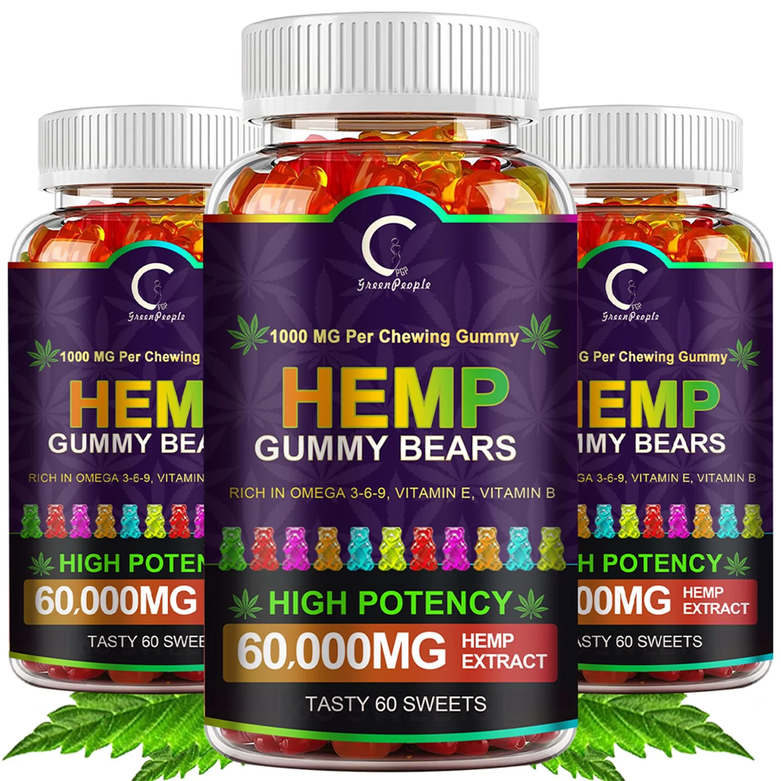 GPGP GreenPeople (3 Pack) Hemp Gummies 60,000mg Extra Strength, 100% Natural Hemp Oil Infused Bear Gummy, Promotes Focus Calm, Sleep and Calm Mood