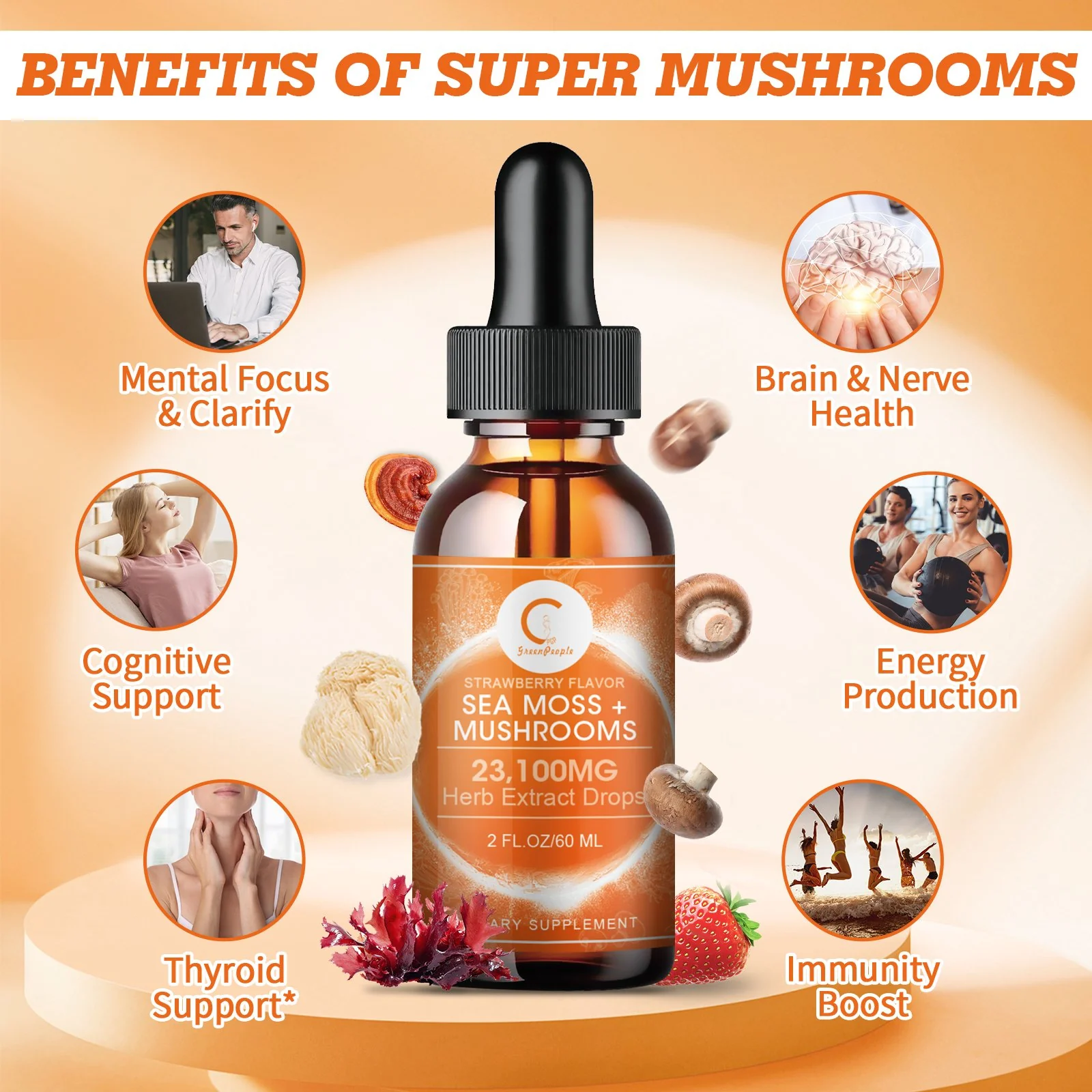 Sea Moss & Mushrooms Liquid Drops, Lions Mane Supplement with Irish Sea Moss & Cordyceps etc, Support for Memory, Focus & Clarify, Immune and Digestive Health, Non-GMO, Strawberry Flavor, 2 FL OZ