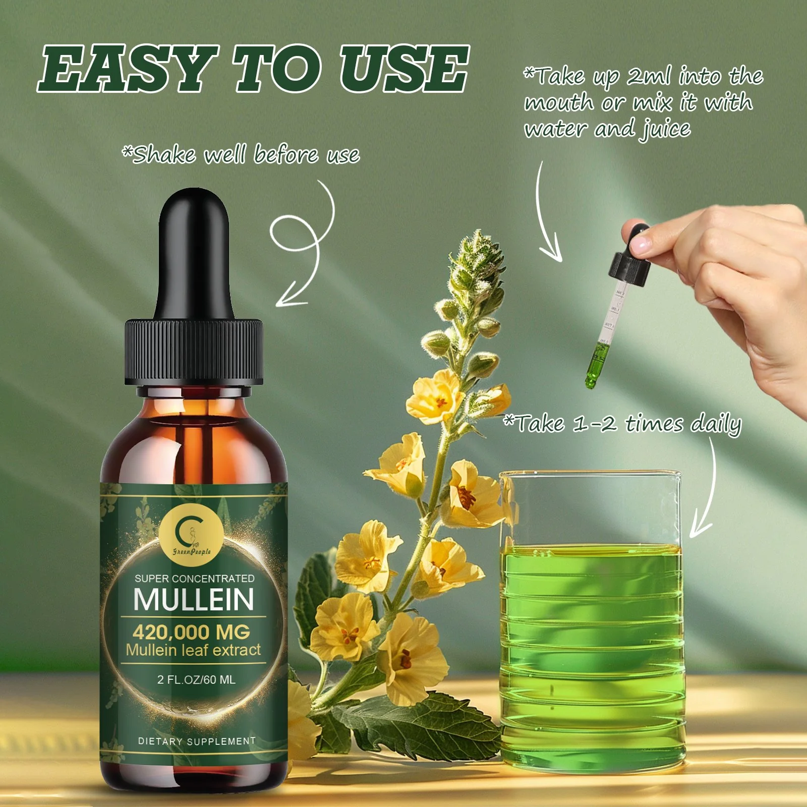 GPGP GREENPEOPLE Mullein Drops for Lungs, Organic Mullein Leaf Extract Drops For Lung Cleanse & Detox