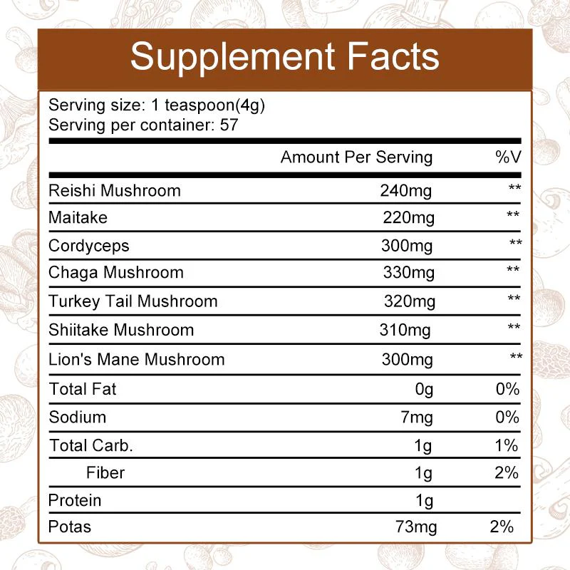 Instant Organic Edible Mushroom Coffee Powder Supplement for Energy, Focus, Immune Support