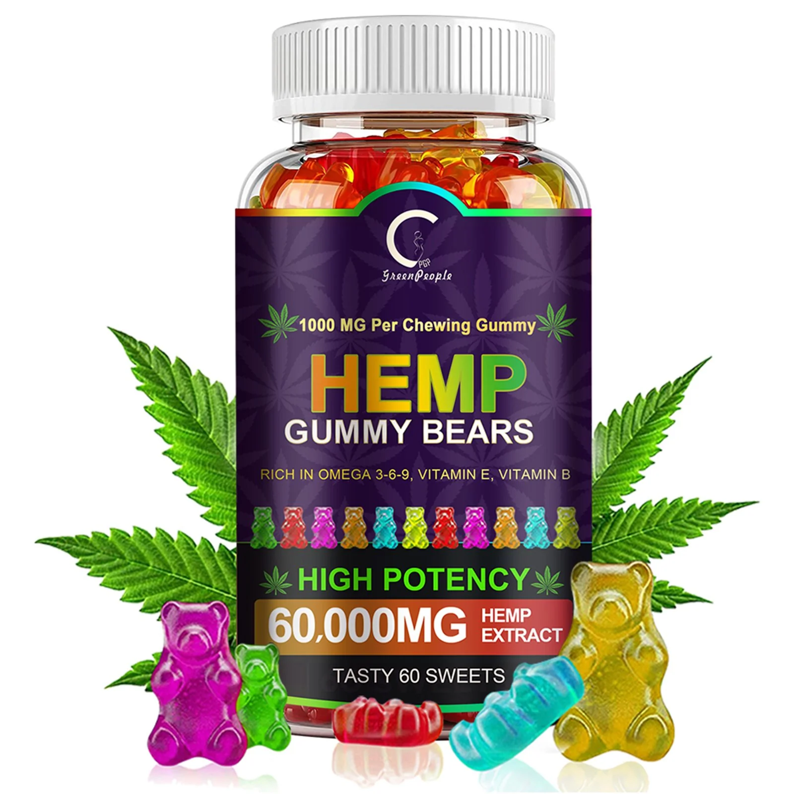 GPGP GreenPeople (3 Pack) Hemp Gummies 60,000mg Extra Strength, 100% Natural Hemp Oil Infused Bear Gummy, Promotes Focus Calm, Sleep and Calm Mood