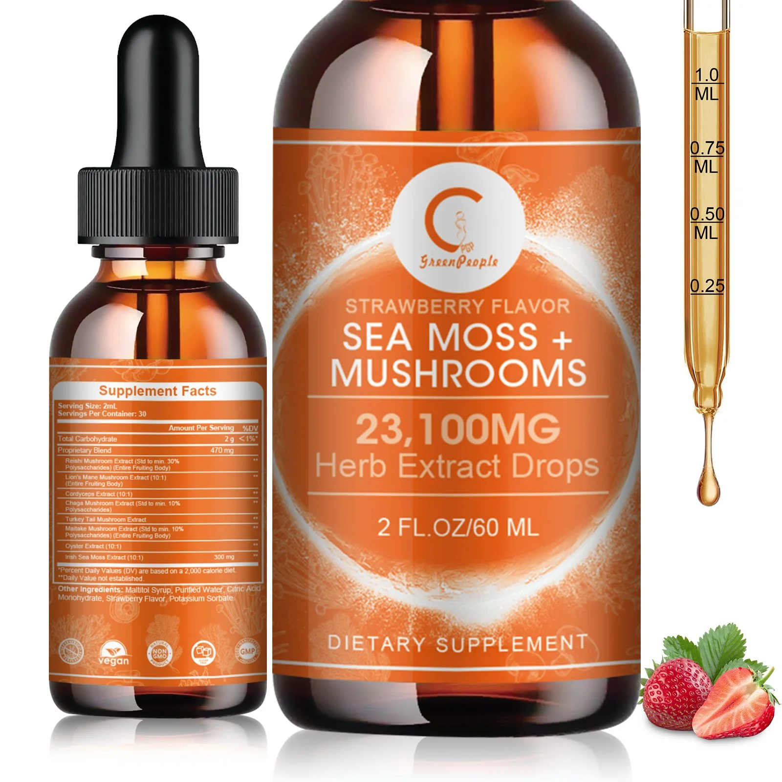 Sea Moss & Mushrooms Liquid Drops, Lions Mane Supplement with Irish Sea Moss & Cordyceps etc, Support for Memory, Focus & Clarify, Immune and Digestive Health, Non-GMO, Strawberry Flavor, 2 FL OZ