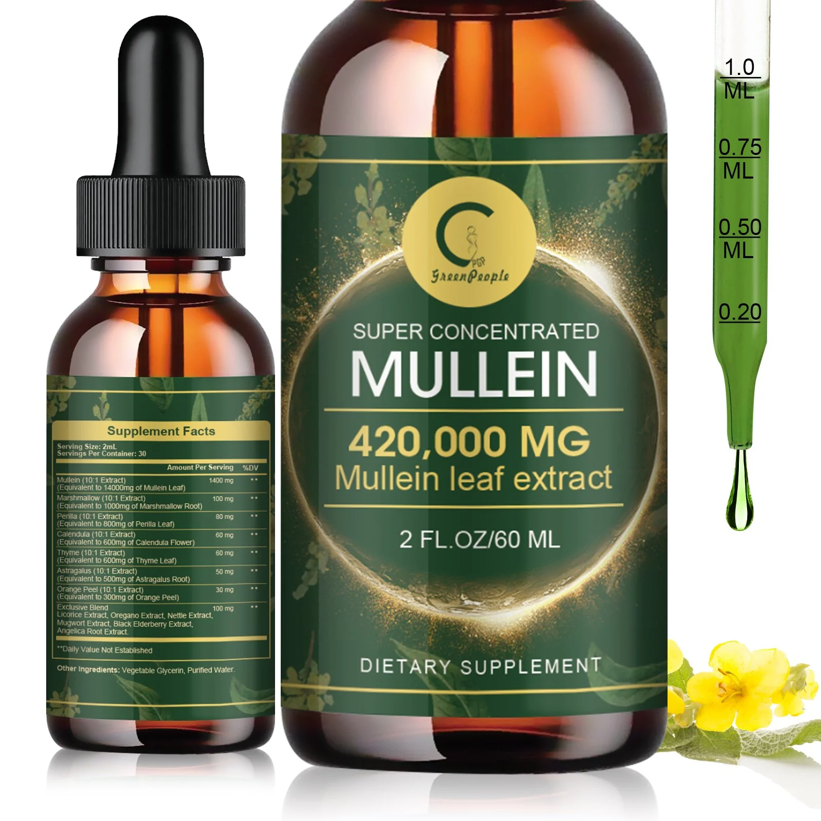GPGP GREENPEOPLE Mullein Drops for Lungs, Organic Mullein Leaf Extract Drops For Lung Cleanse & Detox
