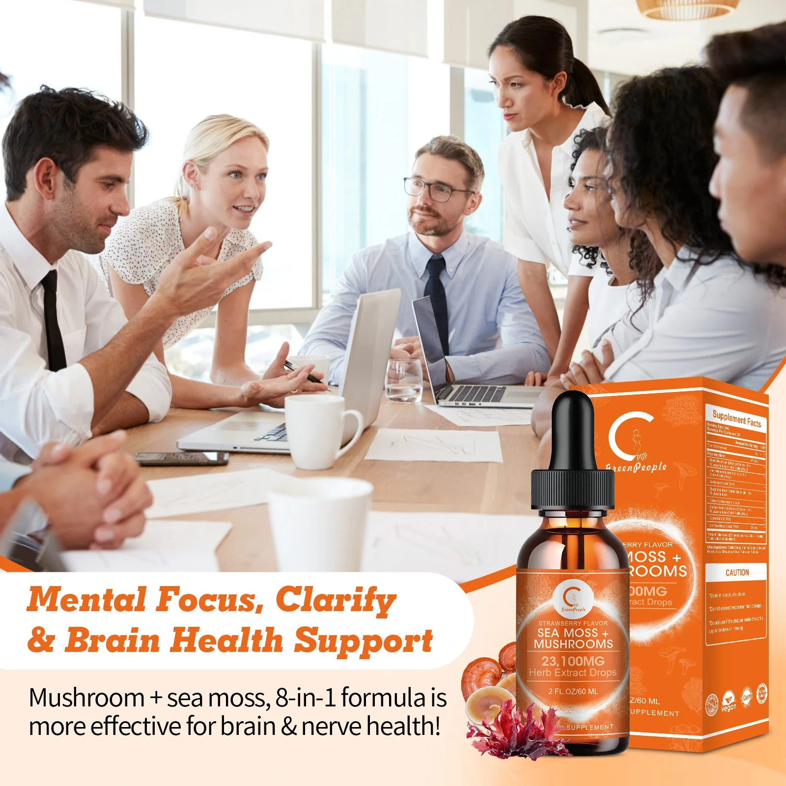 Sea Moss & Mushrooms Liquid Drops, Lions Mane Supplement with Irish Sea Moss & Cordyceps etc, Support for Memory, Focus & Clarify, Immune and Digestive Health, Non-GMO, Strawberry Flavor, 2 FL OZ