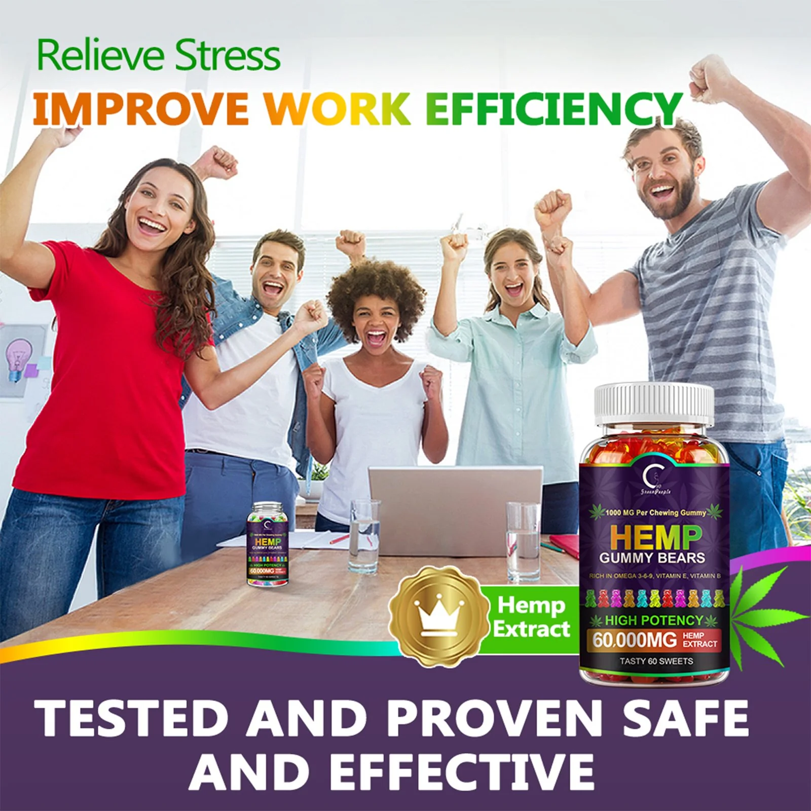 GPGP GreenPeople (3 Pack) Hemp Gummies 60,000mg Extra Strength, 100% Natural Hemp Oil Infused Bear Gummy, Promotes Focus Calm, Sleep and Calm Mood