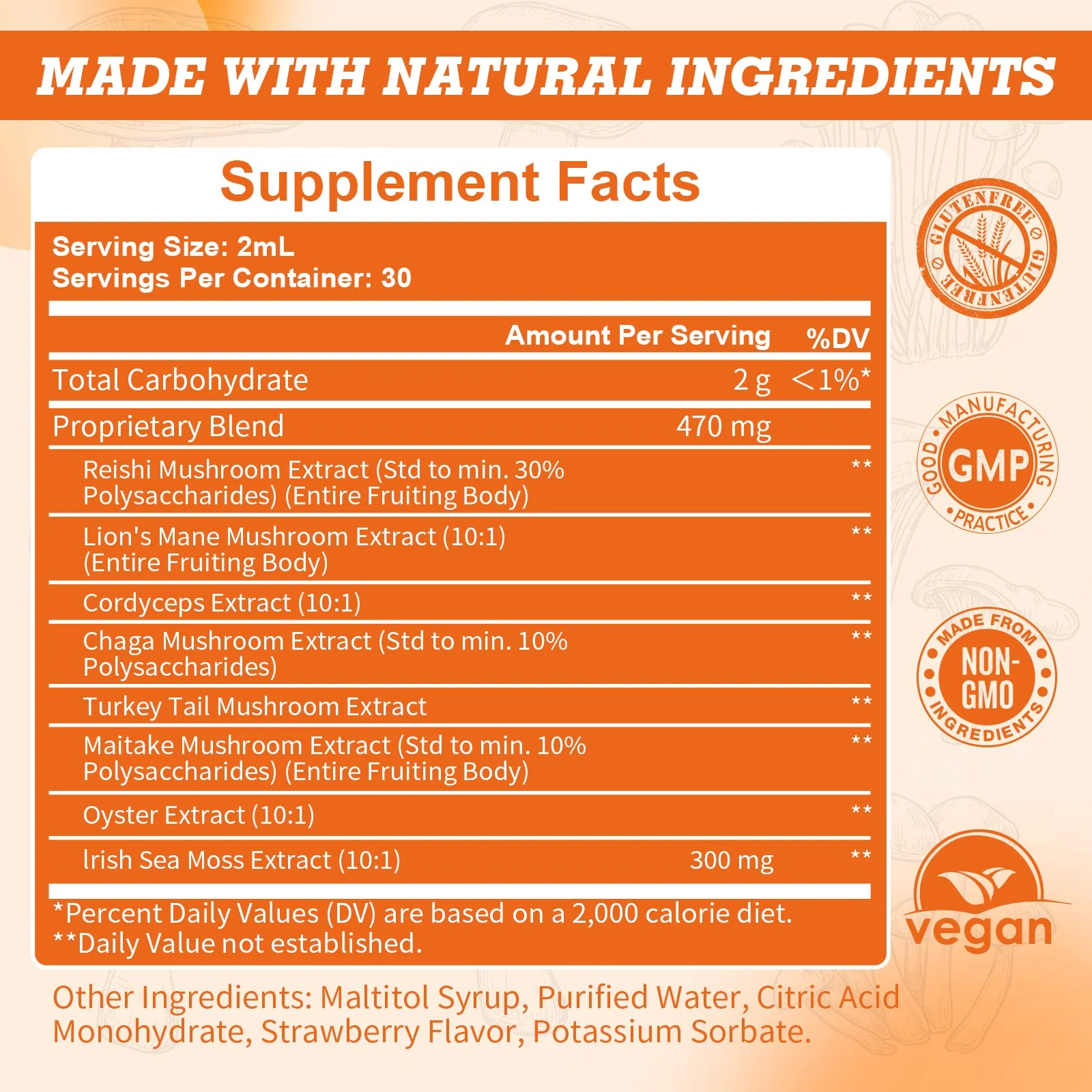 Sea Moss & Mushrooms Liquid Drops, Lions Mane Supplement with Irish Sea Moss & Cordyceps etc, Support for Memory, Focus & Clarify, Immune and Digestive Health, Non-GMO, Strawberry Flavor, 2 FL OZ