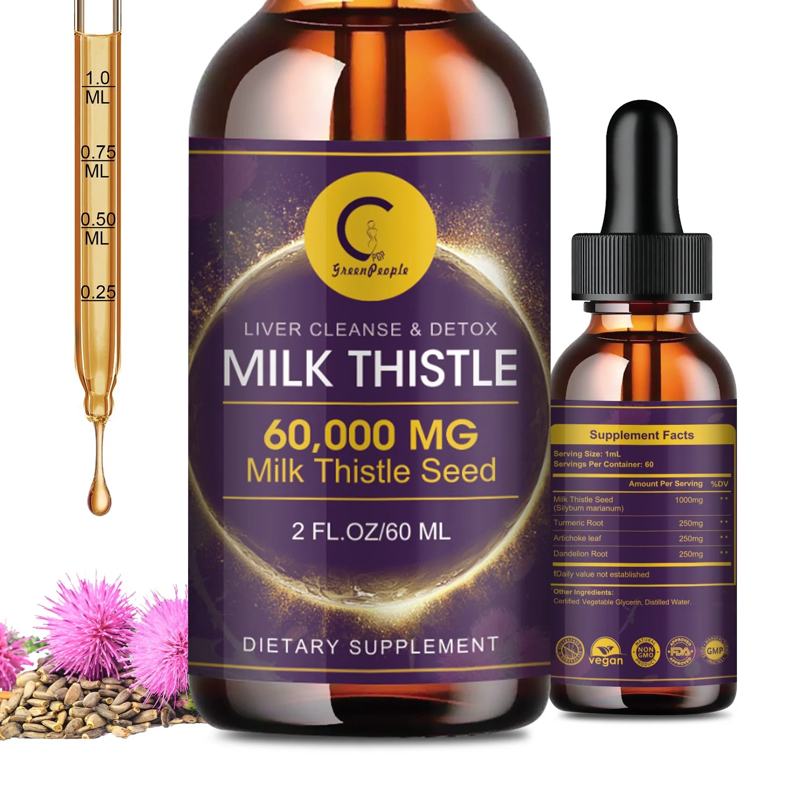 Milk Thistle Extract Drops for Liver Cleanse & Repair - 1000mg Milk Thistle Supplement with Turmeric, Artichoke and Dandelion Root, 4-in-1 High Potency Herbal Tincture, Vegan, Non-GMO, 2.1 FL OZ