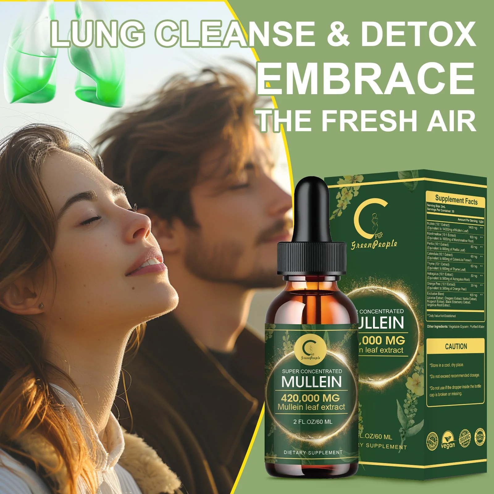 GPGP GREENPEOPLE Mullein Drops for Lungs, Organic Mullein Leaf Extract Drops For Lung Cleanse & Detox