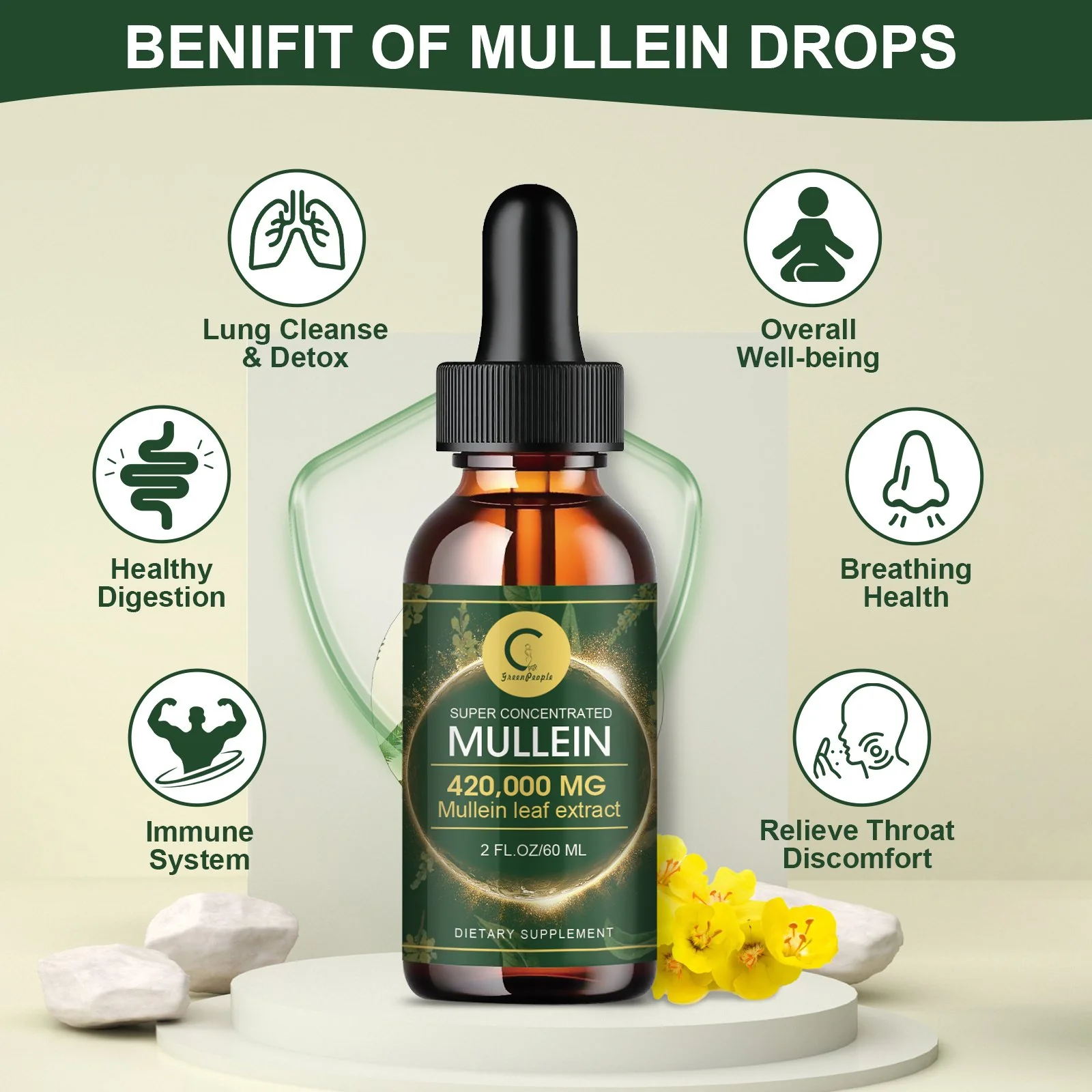 GPGP GREENPEOPLE Mullein Drops for Lungs, Organic Mullein Leaf Extract Drops For Lung Cleanse & Detox
