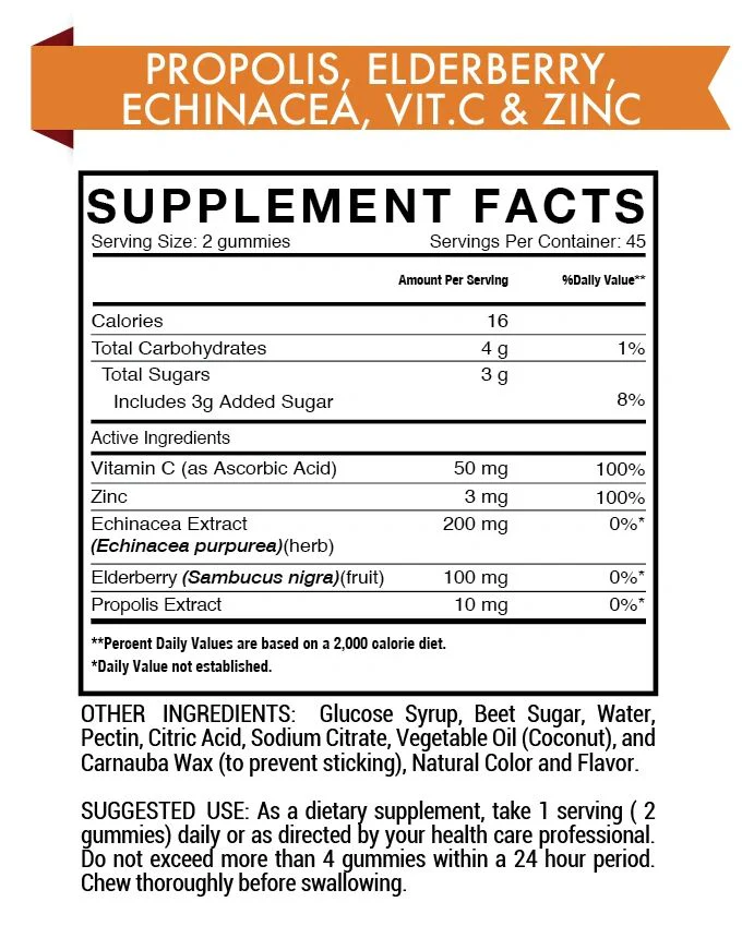 Propolis, Elderberry, Echinacea & Vit-C & Zinc Gummy