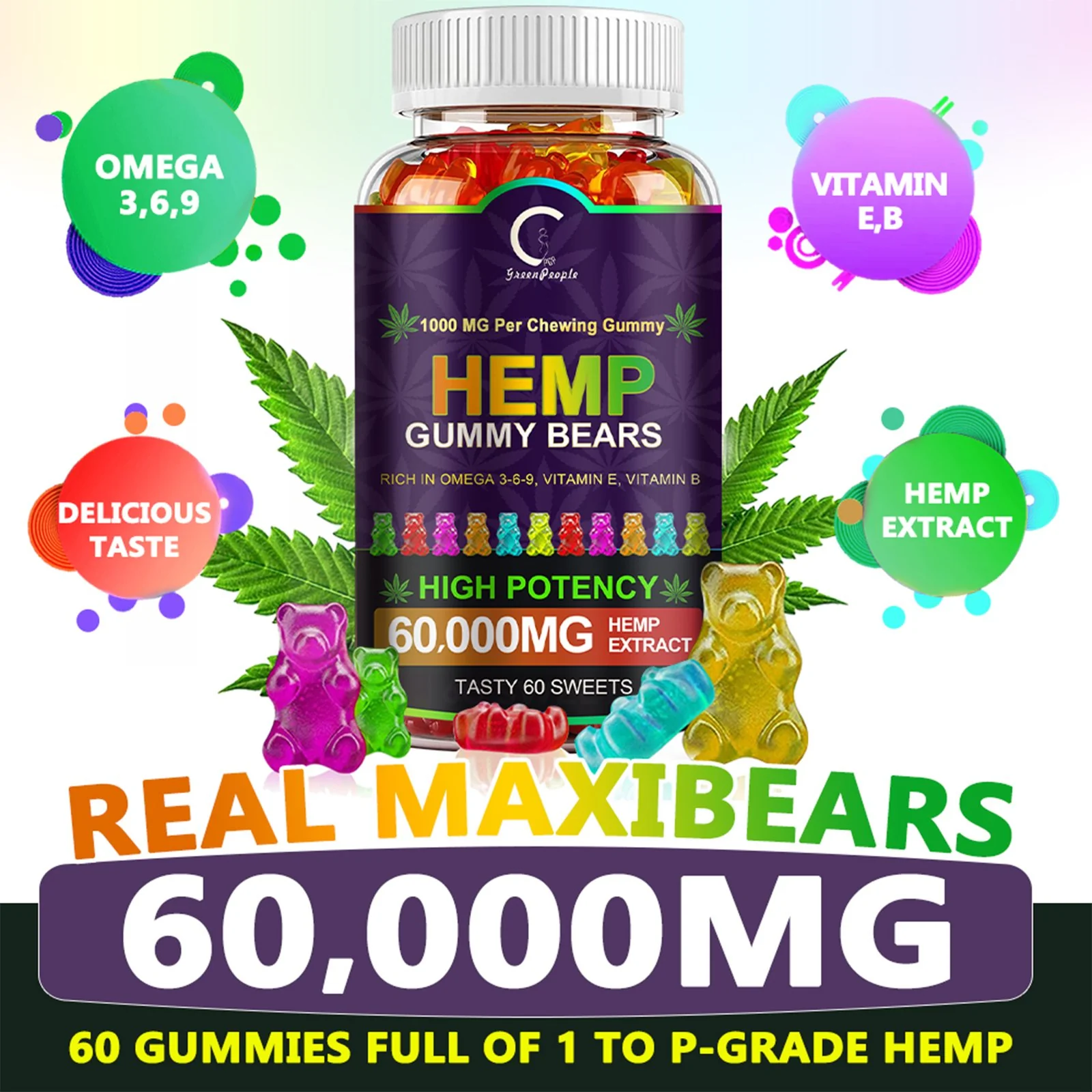 GPGP GreenPeople (3 Pack) Hemp Gummies 60,000mg Extra Strength, 100% Natural Hemp Oil Infused Bear Gummy, Promotes Focus Calm, Sleep and Calm Mood