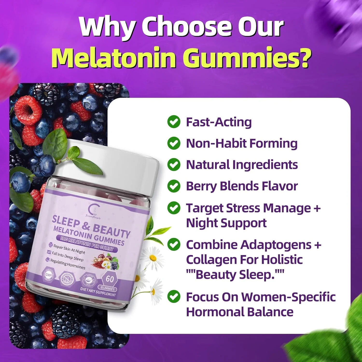 Women's Melatonin 5Mg Gummies with Ashwagandha, L-Theanine & Valerian Root | Natural Sleep Aid, Time Release Formula | Mixed Berry Flavor, Non-GMO, Gluten-Free, Melatonin Gummies 60-Day Supply
