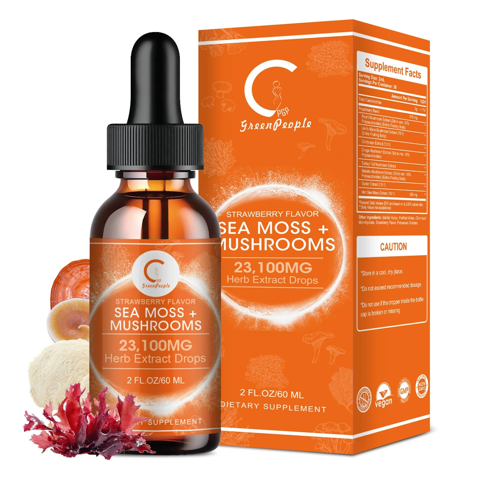 Sea Moss & Mushrooms Liquid Drops, Lions Mane Supplement with Irish Sea Moss & Cordyceps etc, Support for Memory, Focus & Clarify, Immune and Digestive Health, Non-GMO, Strawberry Flavor, 2 FL OZ