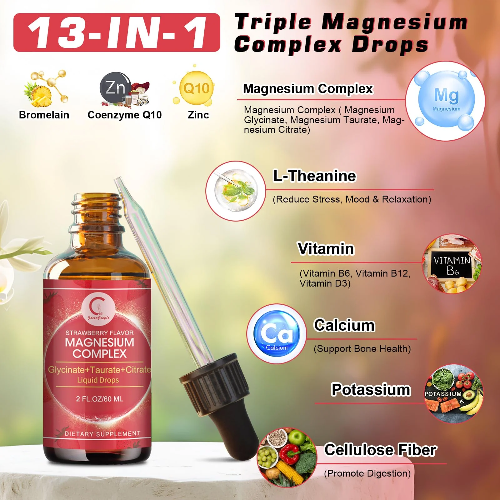 (2 Pack) Magnesium Glycinate Liquid Drops with Citrate & Taurate,Triple Magnesium Complex Supplement with Calcium, Potassium for Energy, Sleep, Muscle, Immune, Sugar Free, Strawberry Flavor, 4 Fl OZ