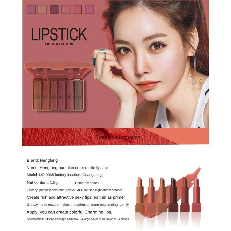 LS01 Pumpkin Color Matte Lipstick Matte Color Portable Six Pack Hard Box Beauty Makeup
