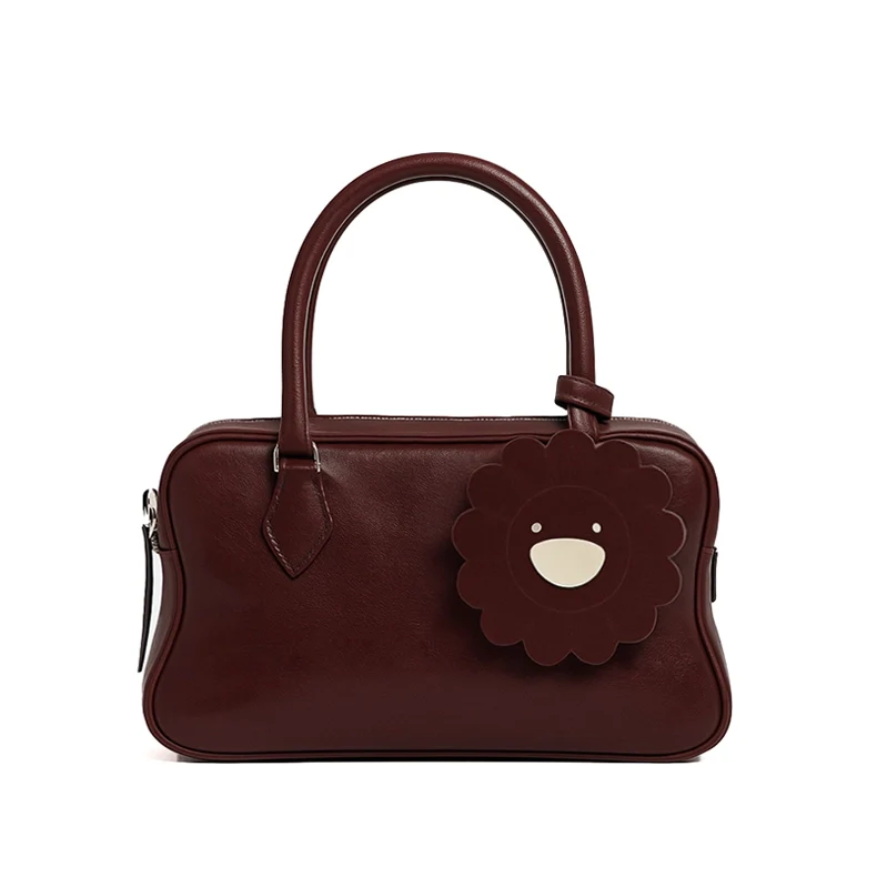 Mahogany Charm – Double-Zip Leather Tote with Smiling Petal Detail