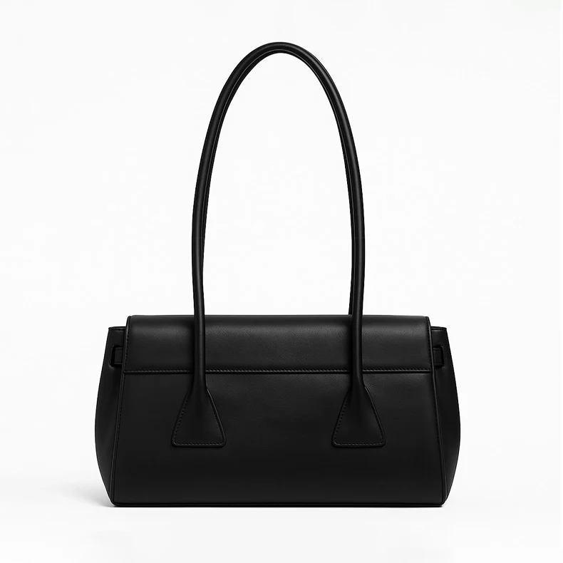 Structured Black Baguette Bag – Dual Strap Leather Shoulder Handbag