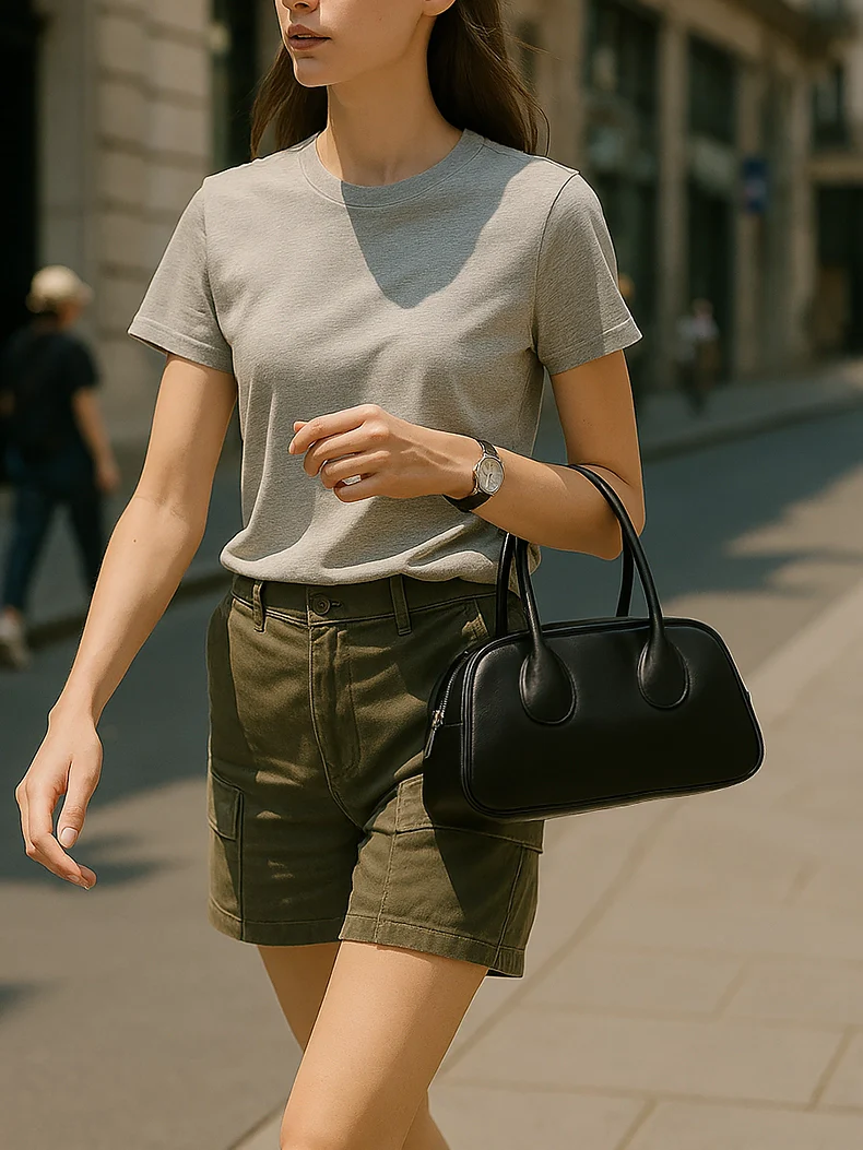 Black Leather Dome Top Handle Bag – Minimalist Shoulder & Handheld Boston Style for Everyday Elegance