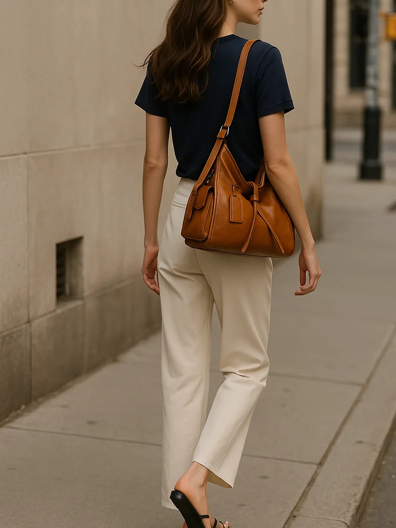 Vintage Saddle Hobo Shoulder Bag – Brown Leather Slouch Bag with Side Pockets