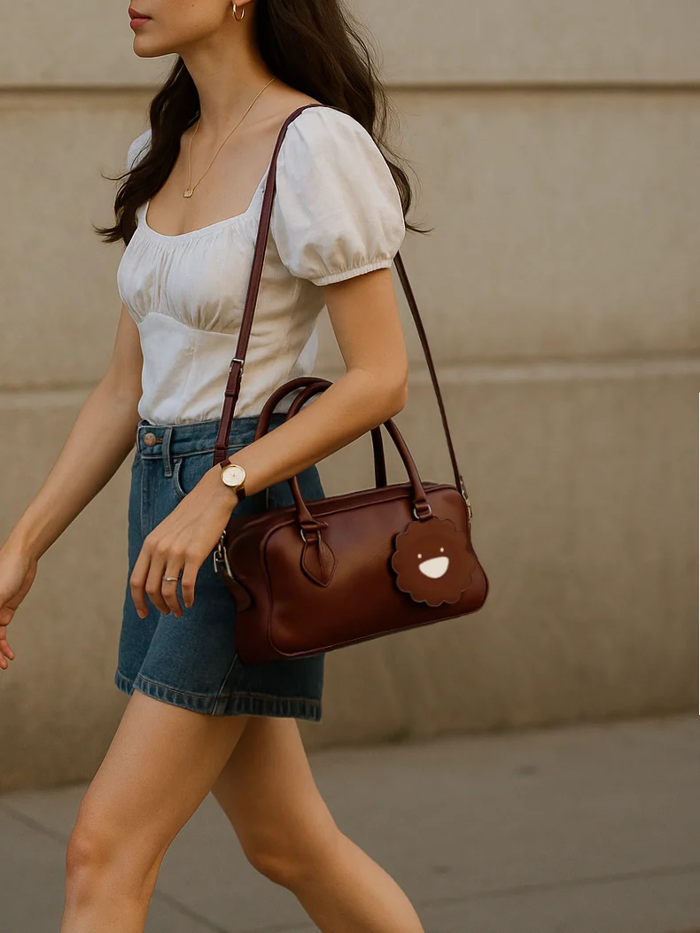 Mahogany Charm – Double-Zip Leather Tote with Smiling Petal Detail