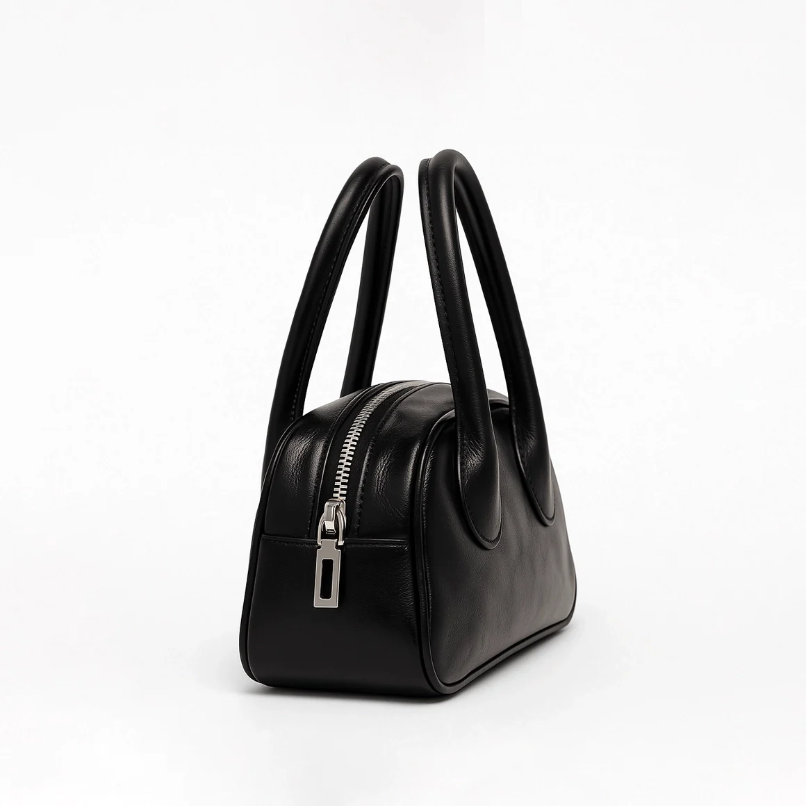 Black Leather Dome Top Handle Bag – Minimalist Shoulder & Handheld Boston Style for Everyday Elegance