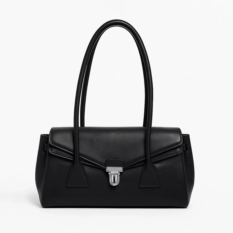 Structured Black Baguette Bag – Dual Strap Leather Shoulder Handbag