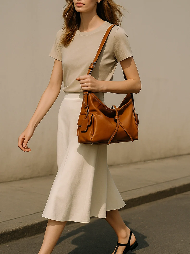 Vintage Saddle Hobo Shoulder Bag – Brown Leather Slouch Bag with Side Pockets