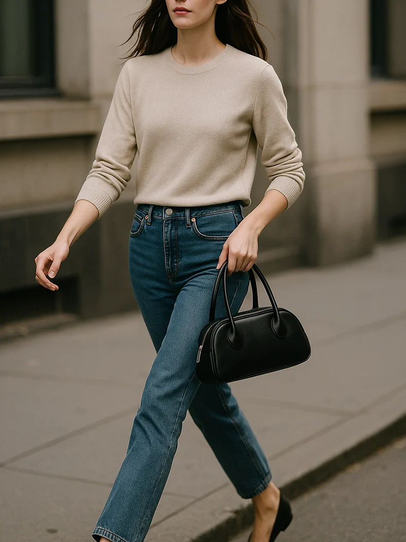 Black Leather Dome Top Handle Bag – Minimalist Shoulder & Handheld Boston Style for Everyday Elegance