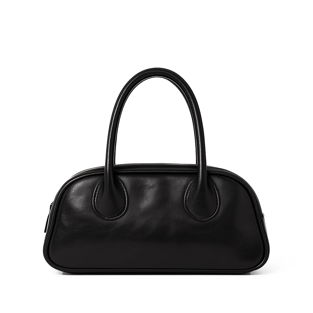 Black Leather Dome Top Handle Bag – Minimalist Shoulder & Handheld Boston Style for Everyday Elegance