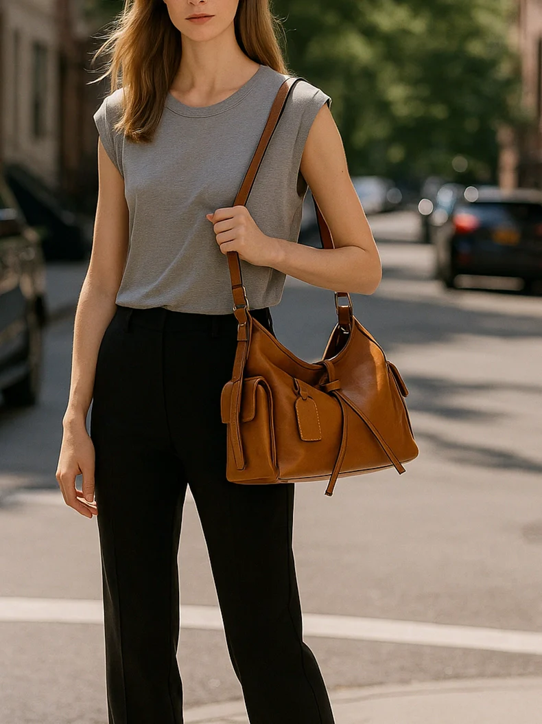 Vintage Saddle Hobo Shoulder Bag – Brown Leather Slouch Bag with Side Pockets