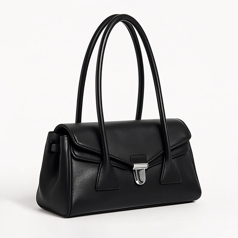 Structured Black Baguette Bag – Dual Strap Leather Shoulder Handbag