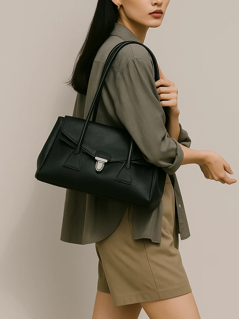 Structured Black Baguette Bag – Dual Strap Leather Shoulder Handbag