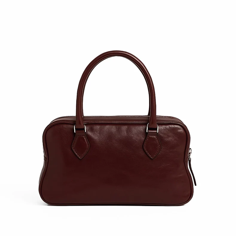 Mahogany Charm – Double-Zip Leather Tote with Smiling Petal Detail