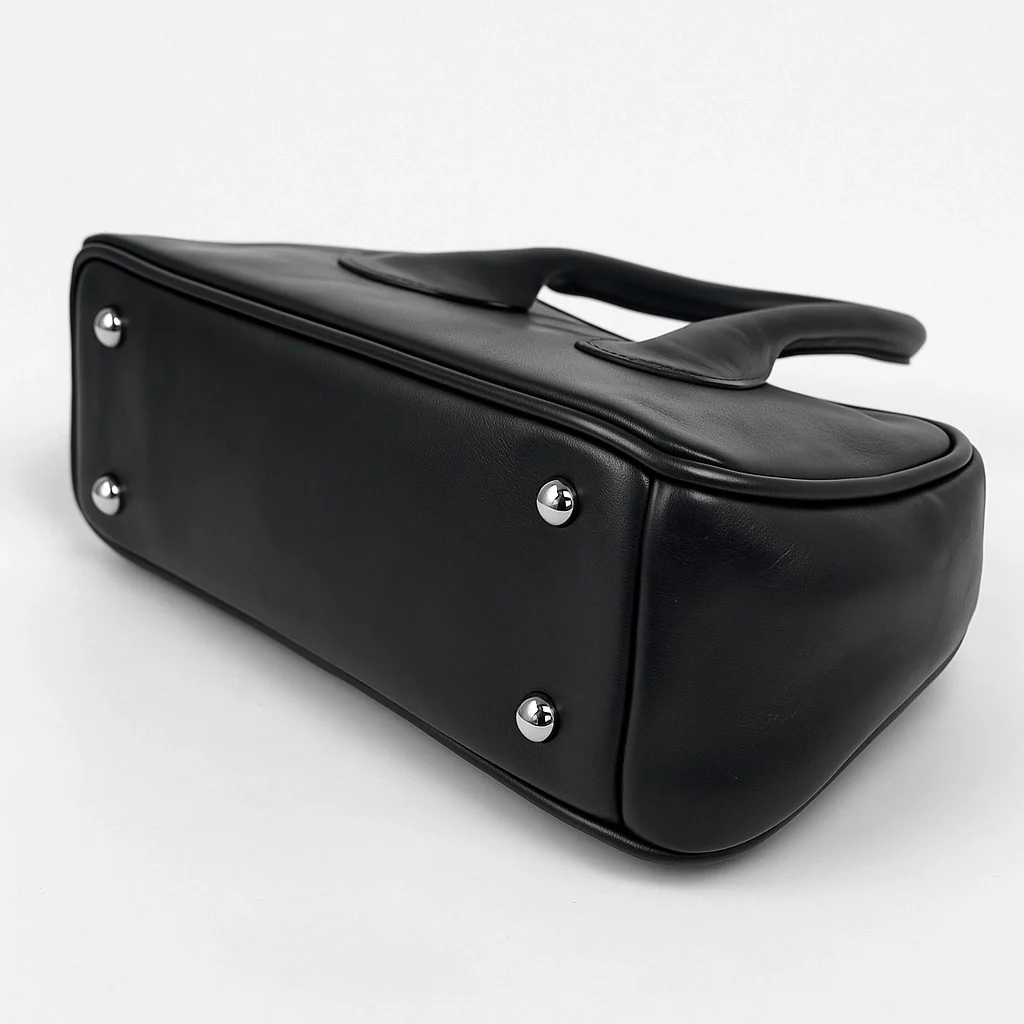 Black Leather Dome Top Handle Bag – Minimalist Shoulder & Handheld Boston Style for Everyday Elegance