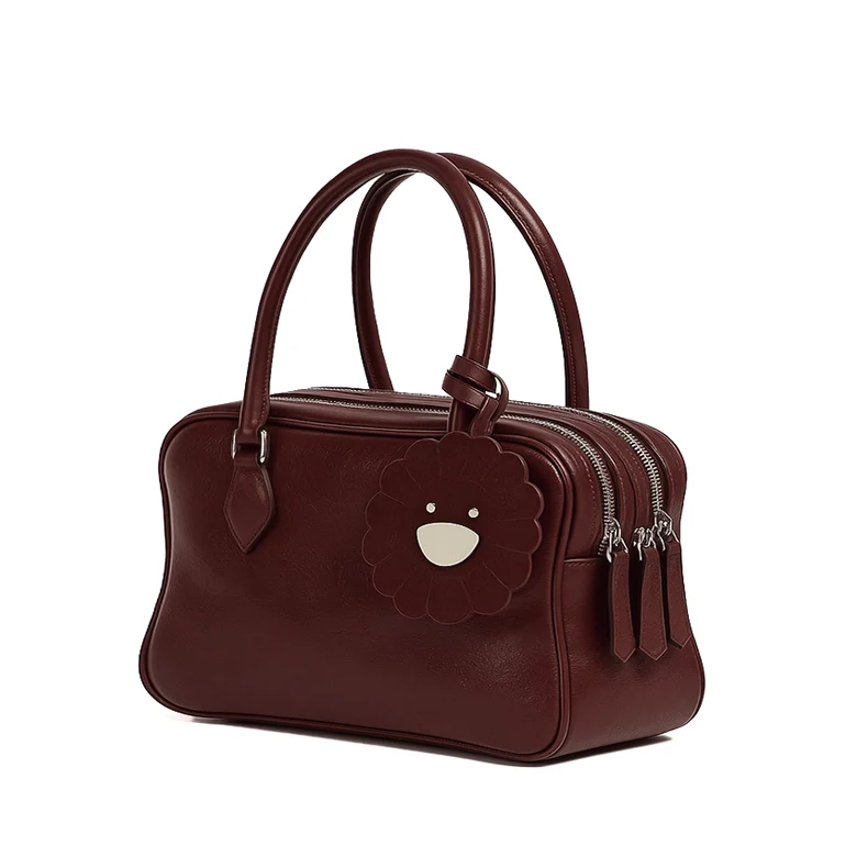 Mahogany Charm – Double-Zip Leather Tote with Smiling Petal Detail