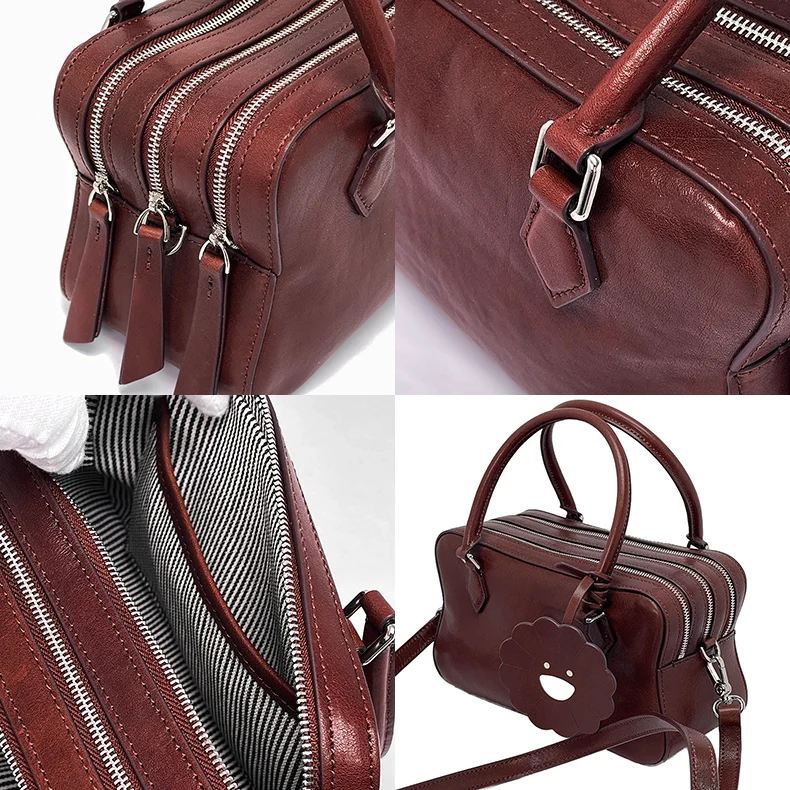 Mahogany Charm – Double-Zip Leather Tote with Smiling Petal Detail