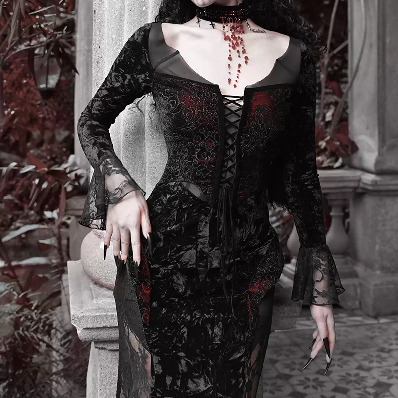 Gothic Lace Velvet Fishtail Dress