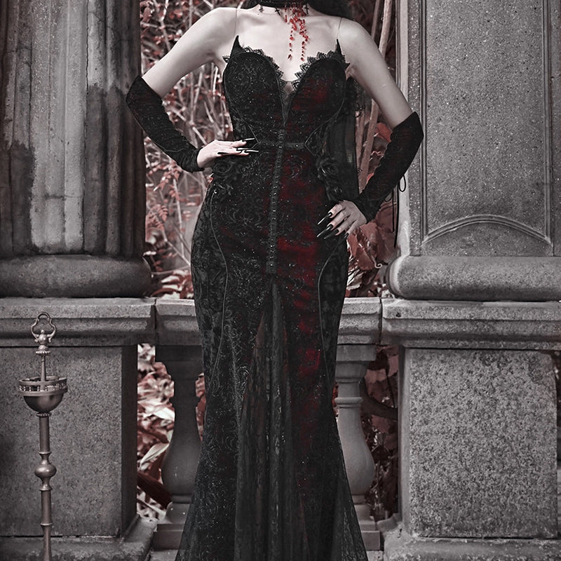 Gothic Velvet Fishtail Dress With Arm Sleeves