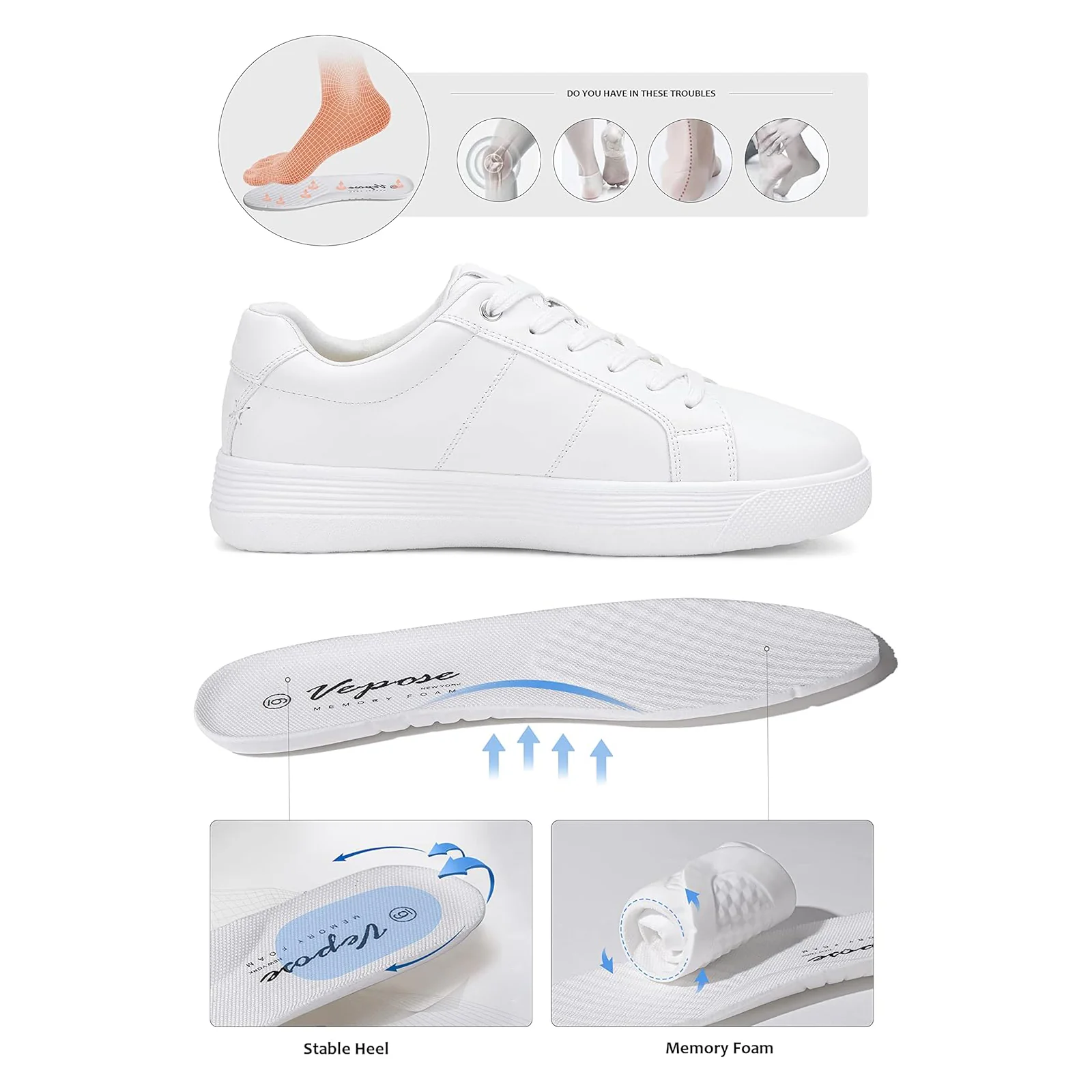 Vepose 8013 White Sneakers for Women, Casual Fashion Flat Low Top Comfortable Classic Shoes