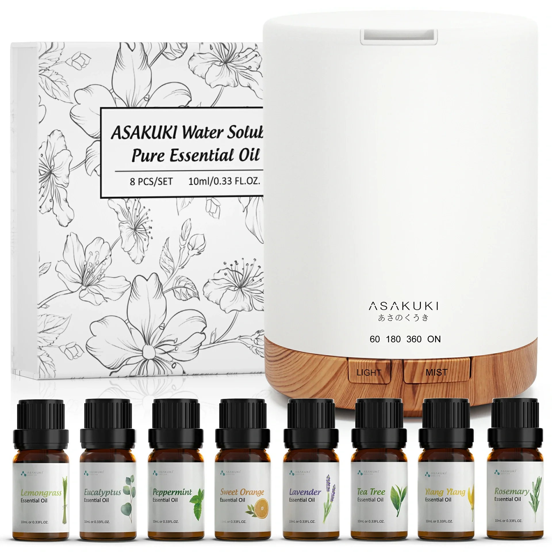 Dew Plus Light Wood Diffuser with 8Pcs*10ml Essential Oil Gift Set