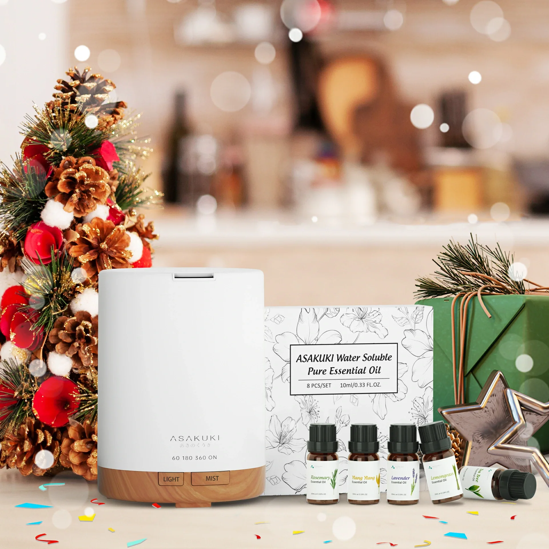 Dew Plus Light Wood Diffuser with 8Pcs*10ml Essential Oil Gift Set