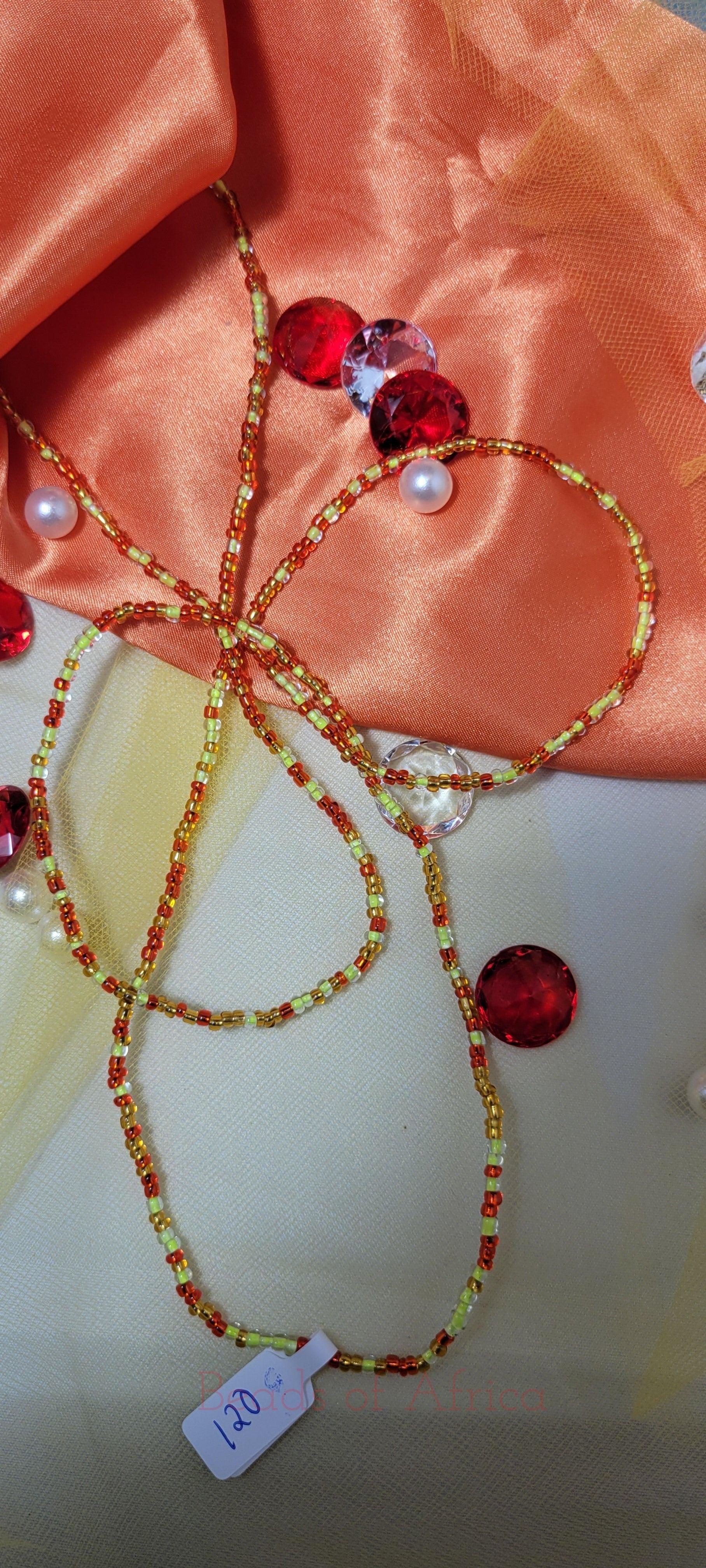 Lime Green, Red, and Gold Waist Beads