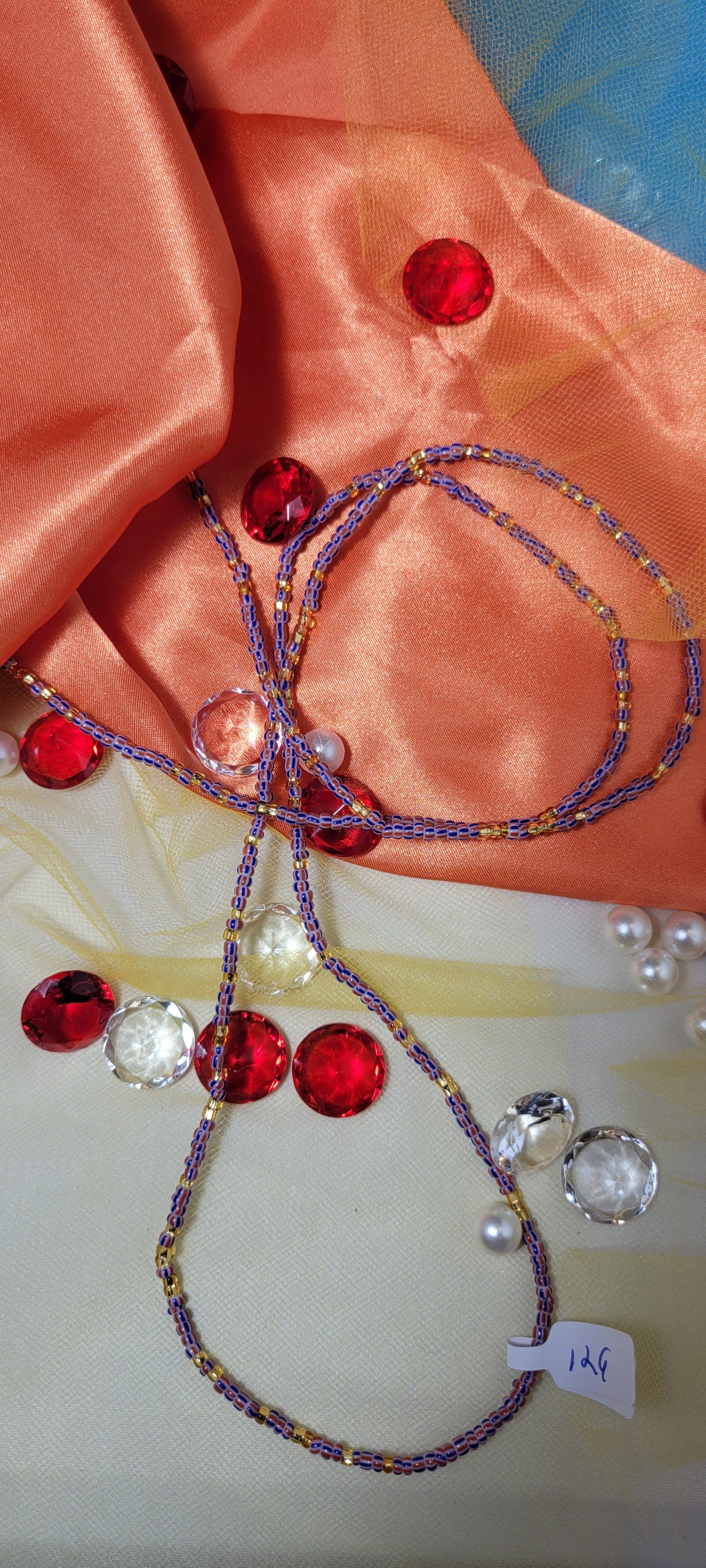 Red, White and Blue Stripe with Crystal Gold Waist Beads