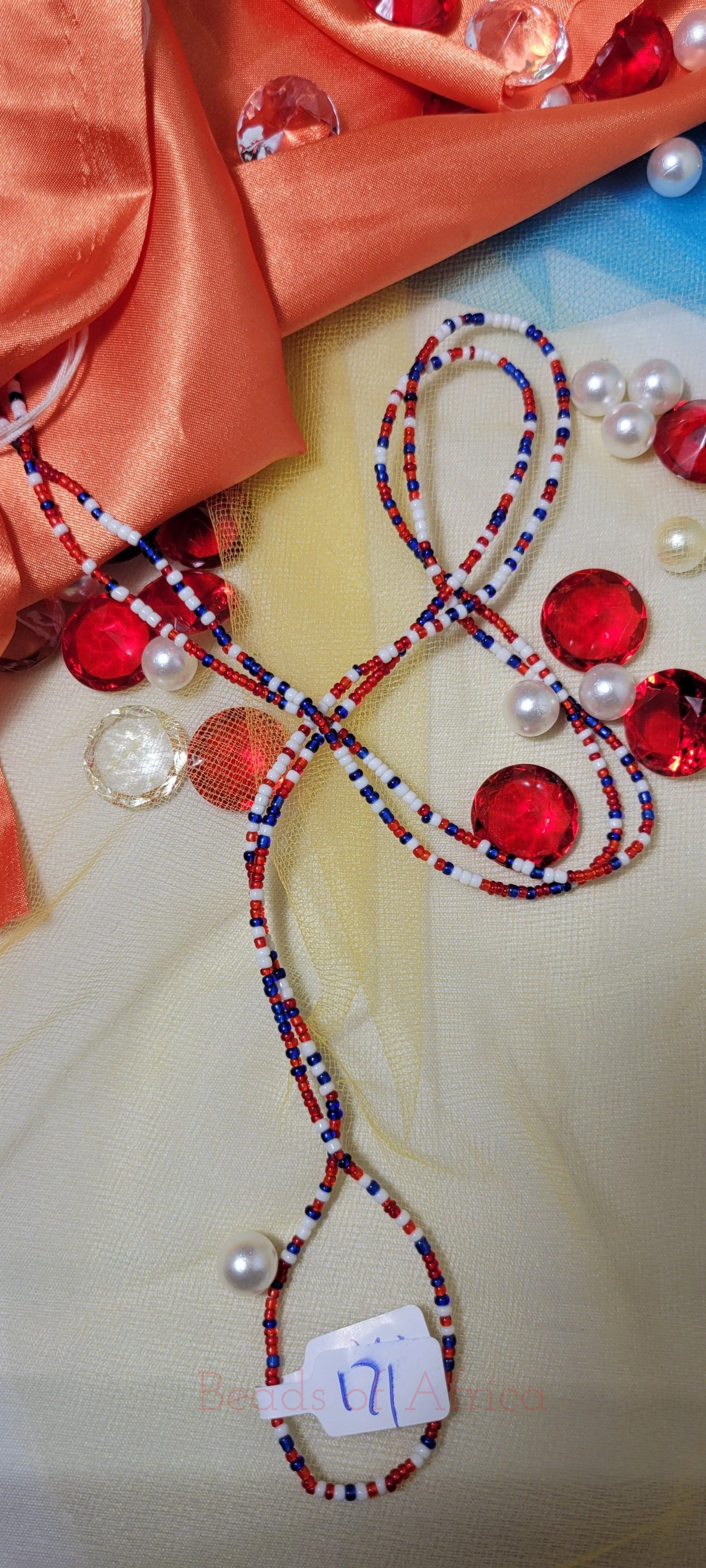 Round Red, White and Blue Mixed Waist Beads