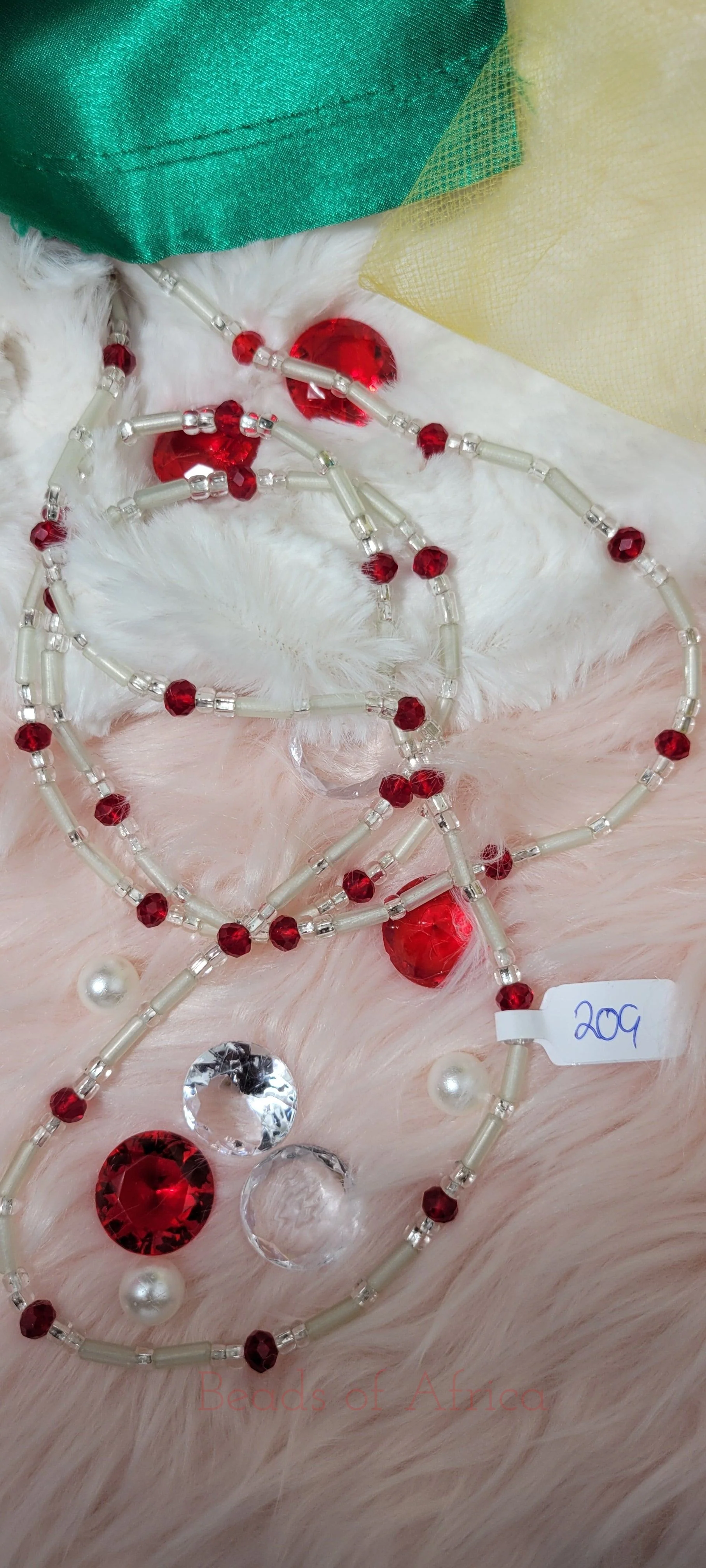 Tubular with Red Gems Glow in the Dark Crystal Waist Beads