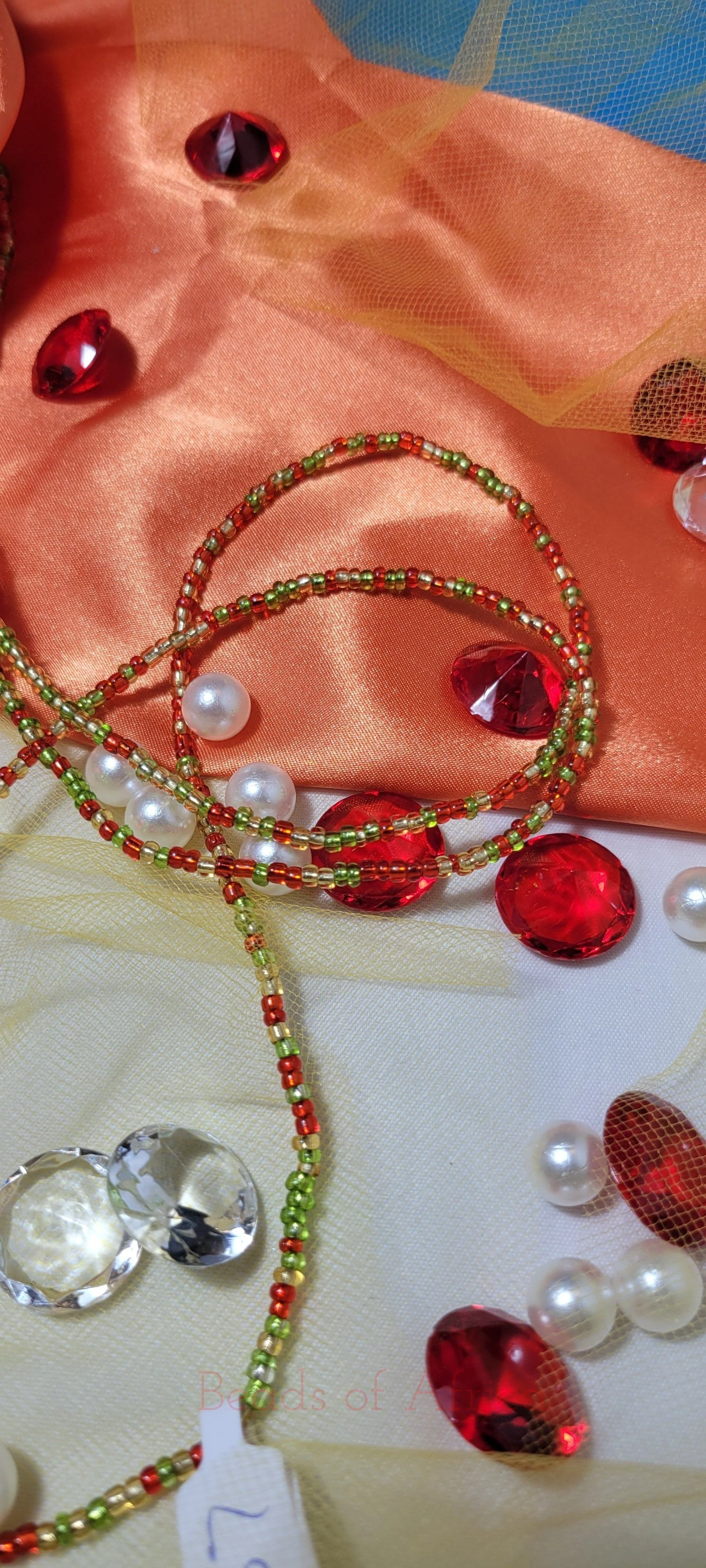 Light Gold, Red With Green Shiny Waist Beads
